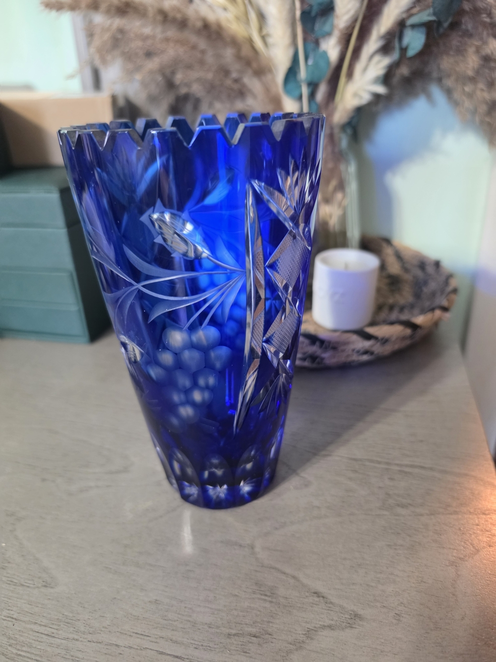 Cobalt Blue Cut Glass Decorative Vase - Brand Unknown